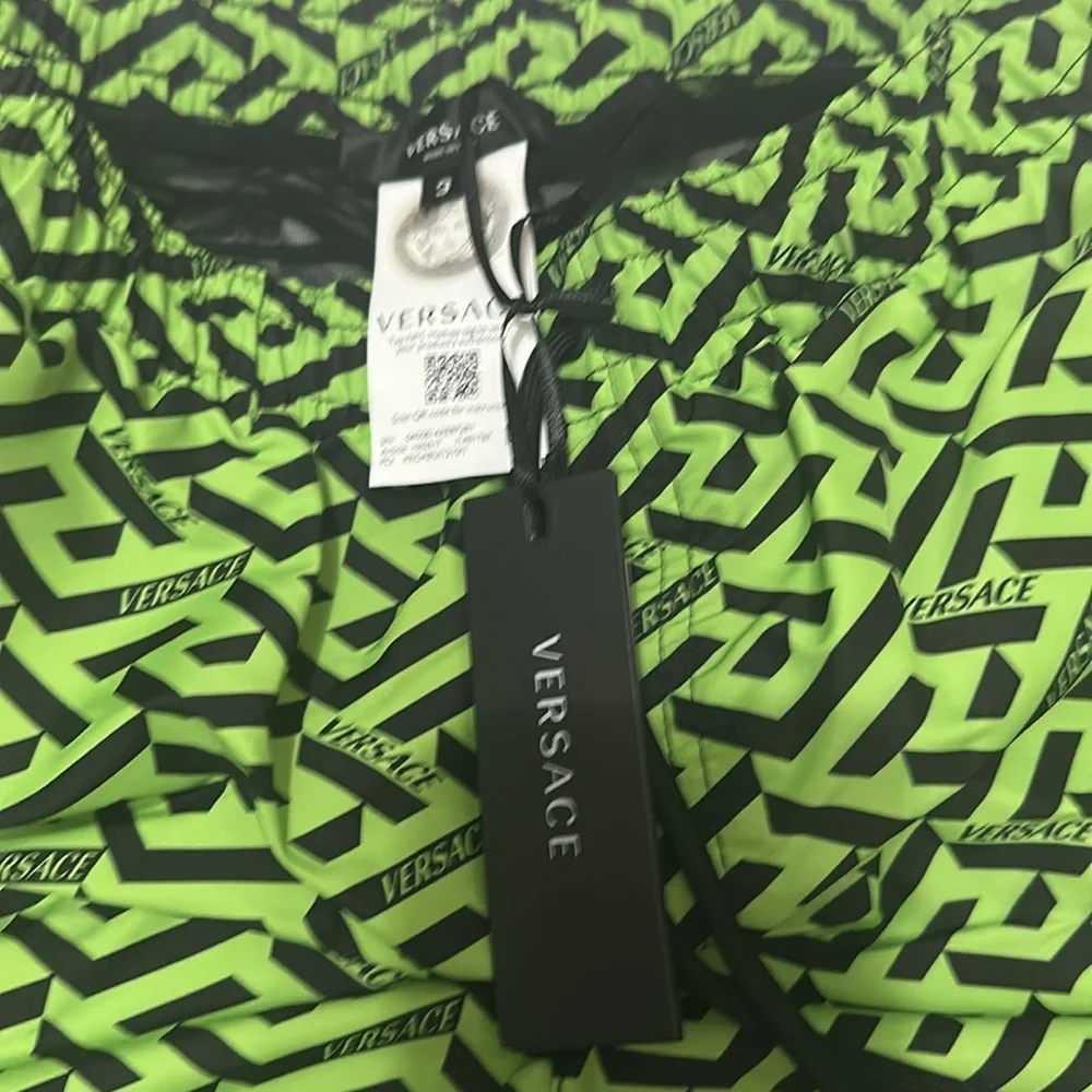 New Authentic VERSACE Green/Black Logo Print Swim Shorts